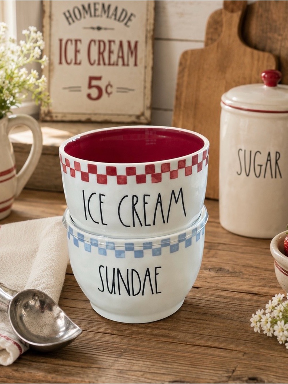 Rae Dunn NWT ICE CREAM & SUNDAE Bowl Set Red Blue Check Farmhouse